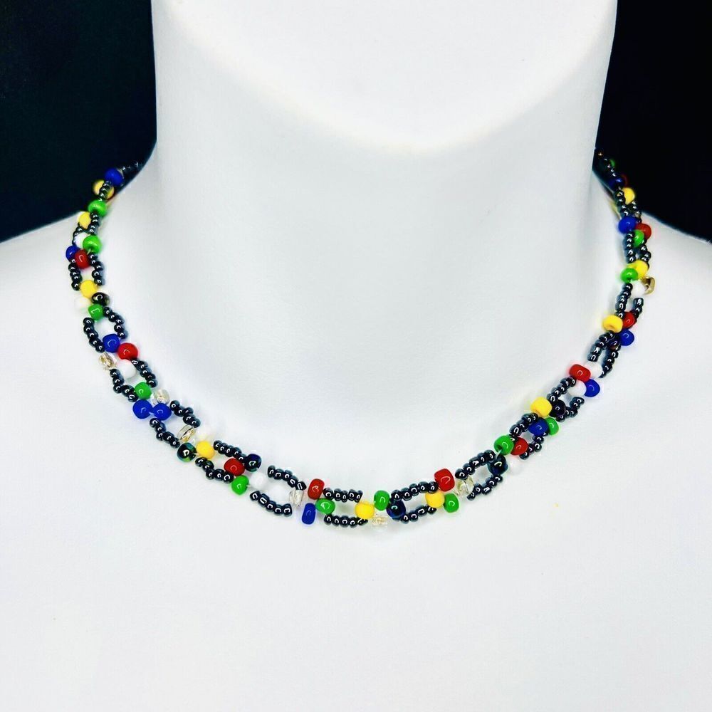 Vintage Dainty Colorful Multi Color Beaded Choker Necklace Barrel Handmade 1476